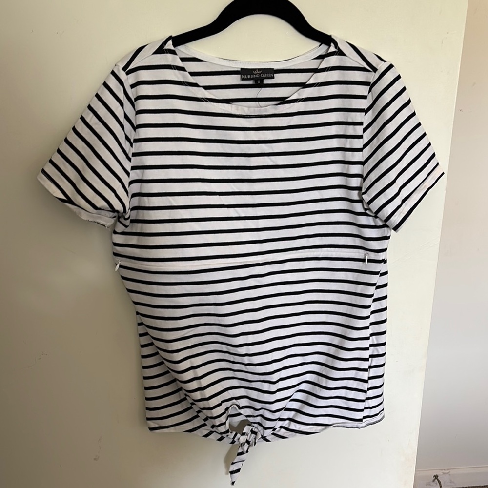 Nursing Queen White and Black Tie Front Short Sleeve Tee